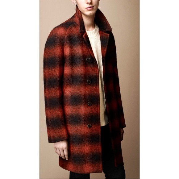 Burberry Plaid Orange Black Wool Button Overcoat