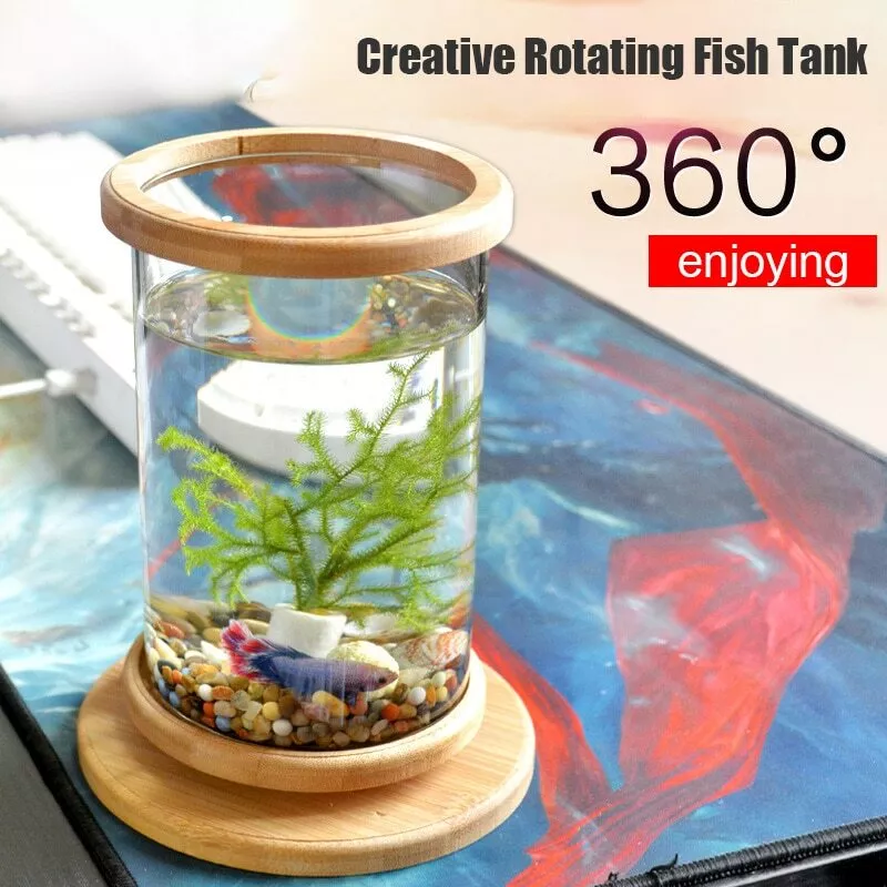 Rotating Glass Betta Fish Tank Bowl Aquarium Accessories