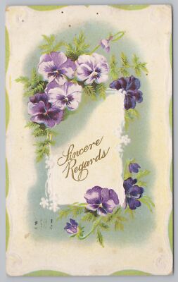 Greetings~Purple Flowers & Sincere Regards~Vintage Postcard