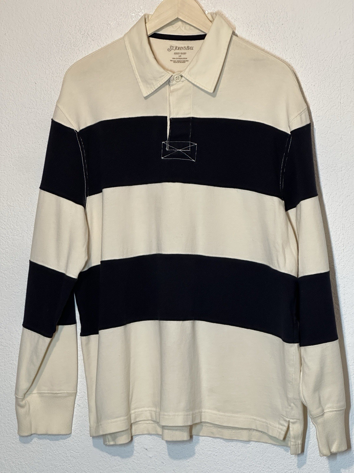 St Johns Bay Shirt Mens Large Rugby Polo Blue Ivory Stripe Long Sleeve Preppy