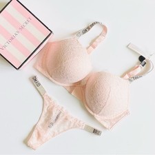 38D SMALL Victoria s Secret light pink bling shine strap bra set thong panties