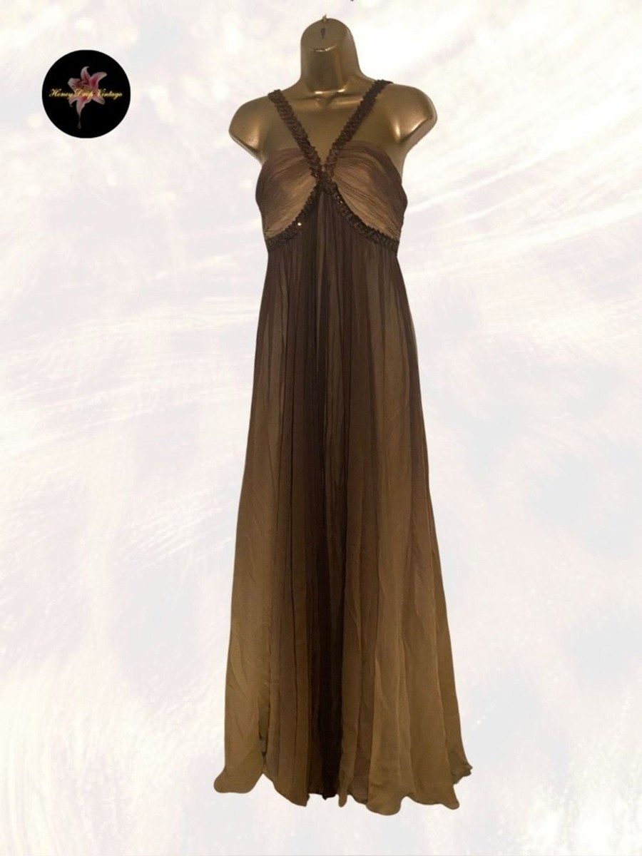 bcbgmaxazria brown dress Shimmery Halter Constructed with 100% polyester and lined with 88% polyester and 12% spandex BCBG Max Azria Taupe One
