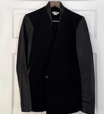 $1275 Helmut Lang Black Wool Leather Panel Blazer Jacket size 8