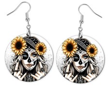 Day of Dead Sunflower Woman Round Printed Wood Earrings