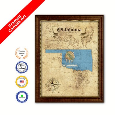 Oklahoma State Vintage Map Brown Framed Canvas Print Home Decor Wall Art