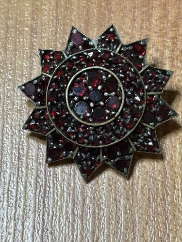 Antique Victorian Bohemian Garnet Starburst Cluster Brooch Pin Deep Red Pyrope