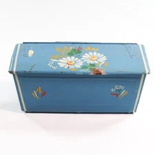 Vintage Ransburg Metal Mailbox Hand Painted Toleware Tin Blue Floral Flowers HTF
