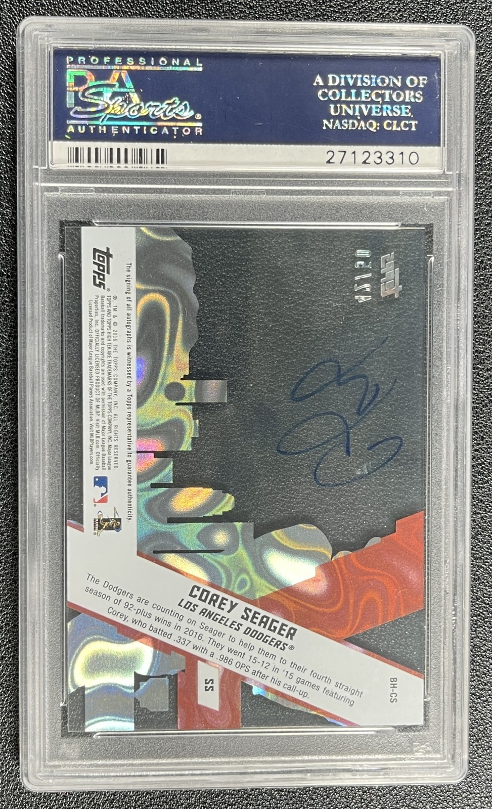 COREY SEAGER PSA 9 2016 TOPPS HIGH TEK #BH-CS ROOKIE BRIGHT HORIZONS AUTO 42/50 view 2