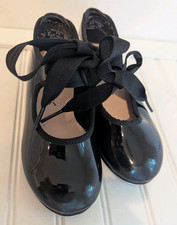 Capezio Little Girls Black Patent Tap Dance Shoes Ribbon Laces Taps 9wide