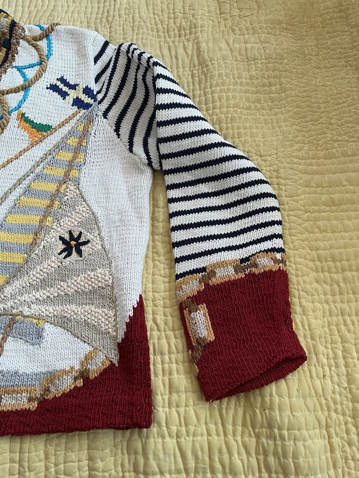 Cárdigan Suéter Vintage Marta D Berek Temático Náutico Tejido a Mano Algodón Pima Foto 3 de 4