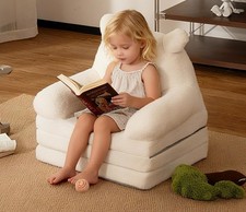 2-in-1 Convertible Kids Sofa, Tri-Fold Cute Bear Fleece Toddler Couch  Lounger