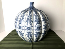 Vtg. Large Chinese Blue & White Floral Porcelain Pumpkin Shaped Ginger Jar w/Lid