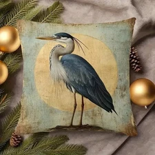 Vintage Rustic Great Blue HERON Pillow Cover  18"x18" Home Decor Luxury Plush
