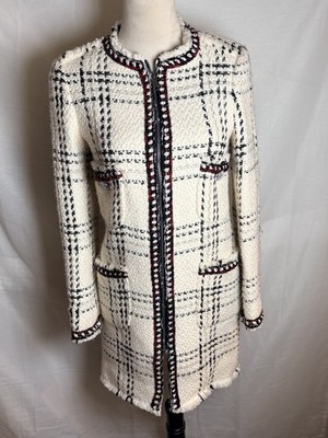 Zara Woman Tweed Bouclé Coat Jacket XS Cream Plaid Chanel Style Fringe Trim Long