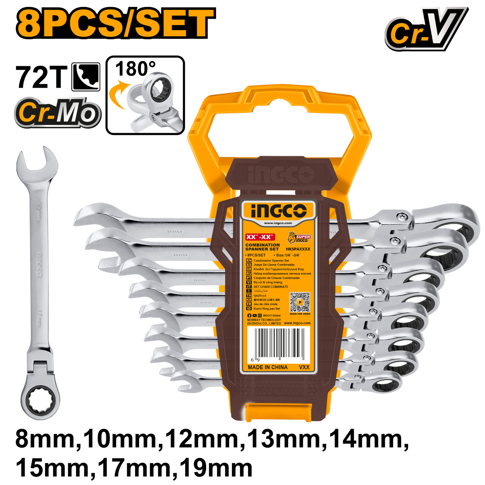 Jeu de 8 cles mixtes a cliquet flexible INGCO de 8 a 19 mm en acier CR-V