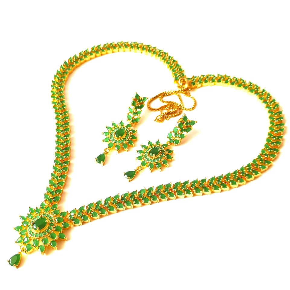 Elegante Conjunto de Collar Esmeralda Chapado en Oro 22K India Joyería Nupcial Regalo para Mujer Foto 3 de 4