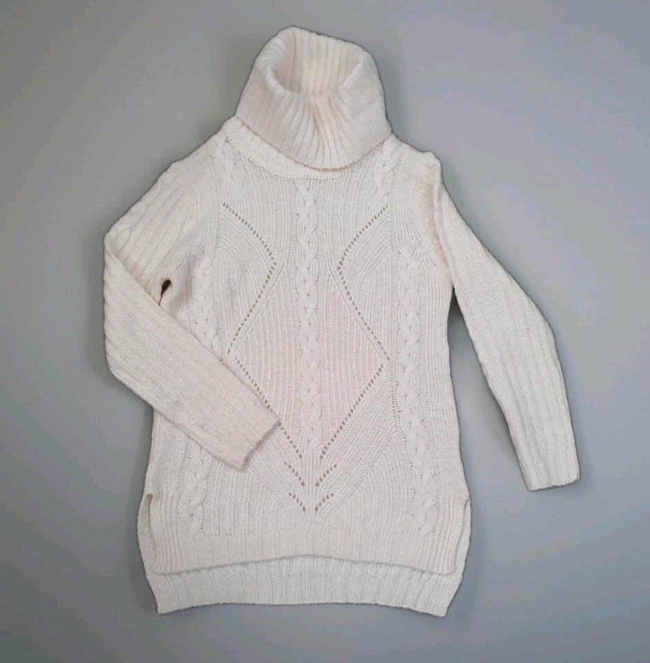 ANTEA Size L Turtle Neck Jumper Cream Chunky Cable Knit 