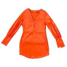 SHEIN Neon Orange Satin V-Neck Long Sleeve Mini Dress with Buttons Size Medium