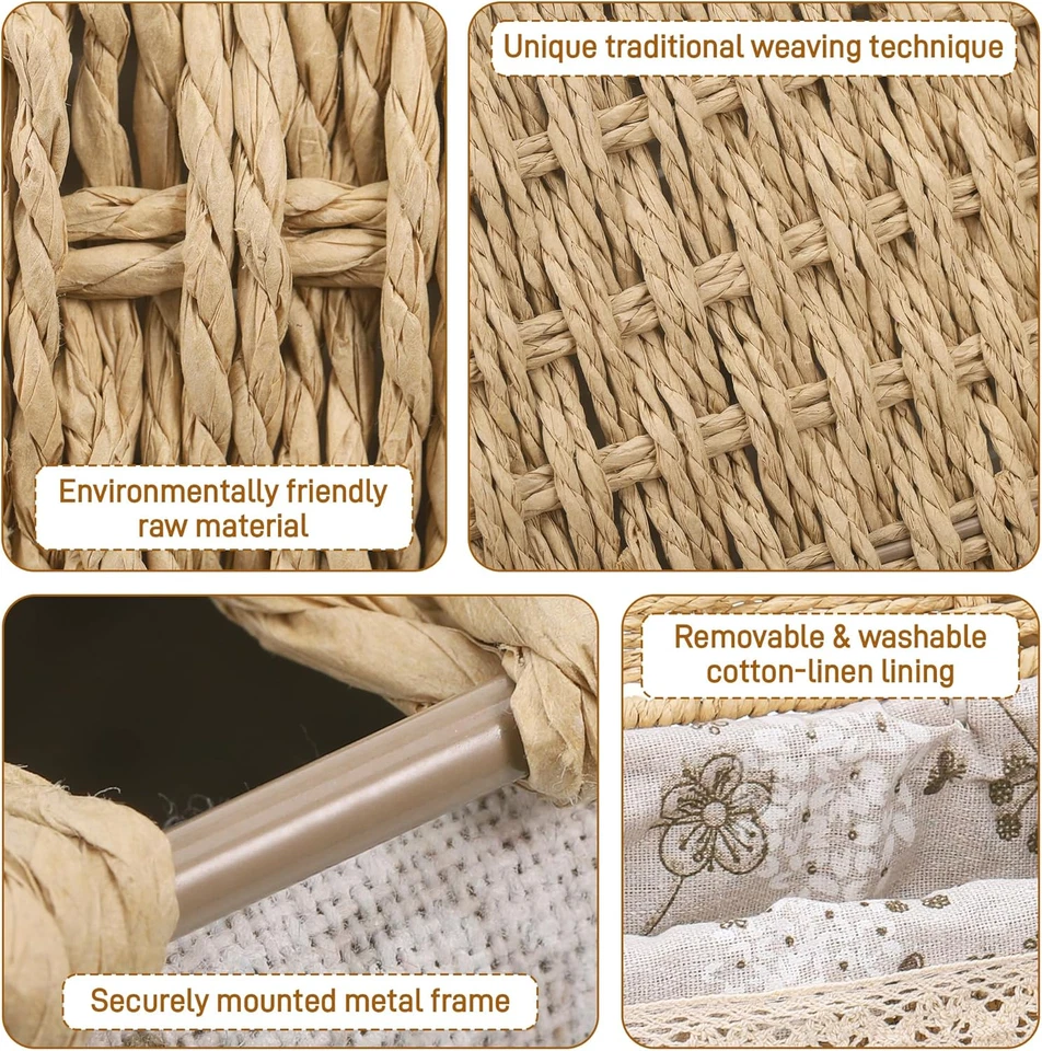 Set Di 3 Cestino Portaoggetti Con Coperchio, Cestini Vimini Intrecciato a Mano, - Immagine 3 di 4