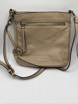 Tommy Bahama Tan Leather Laser Cut Chevron Crossbody Bag Gold Hardware Charm