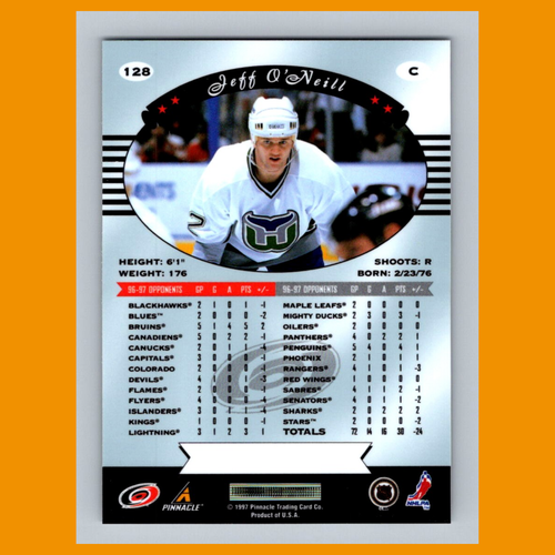 Tarjeta de hockey Jeff ONeill #128 1997 certificada Pinnacle Carolina Hurricanes NHL CASI NUEVA - Imagen 2 de 3