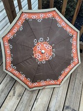 Vintage Floral Orange Brown Tan Daisy Umbrella Push Button Silver Handle