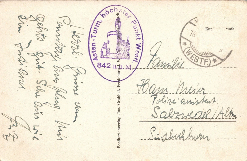 AK Astenbergturm Sauerland, Stempel höchster Punkt Westf., Marke fehlt (2400A12) - Bild 2 von 2
