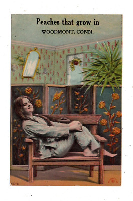 WOODMONT, MILFORD, CT ~ COMIC IMAGE OF WOMAN ON CHAIR, ROTOGRAPH PUB 1910s