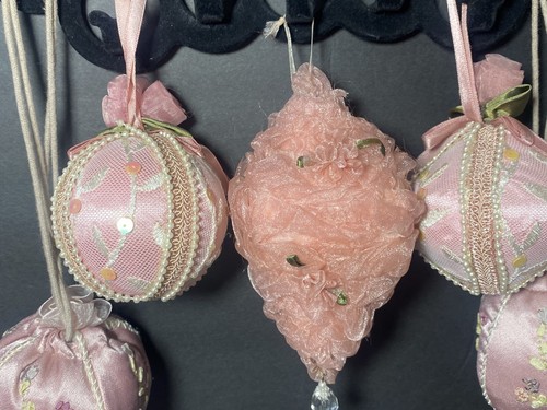 Vtg Victorian Pink Plush Ornaments Pink Balls Pearls Floral Dangle Christmas - Picture 5 of 15
