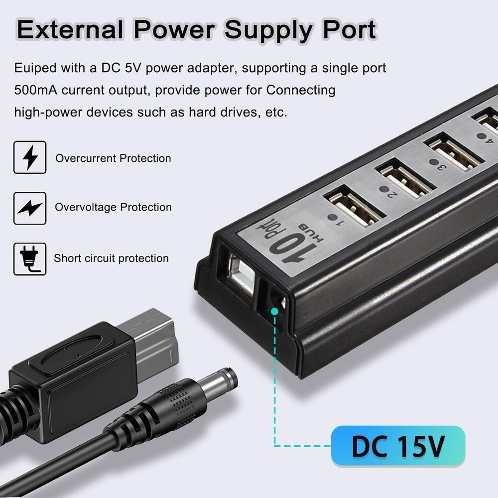 VIENON 10-Port USB 2.0 Hub with Power Adapter for Extra Connectivity