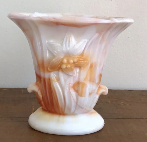 Retro 70s VASE Akro Agate Embossed Textured white Orange Swirl 4" USA MADE - Picture 5 of 17