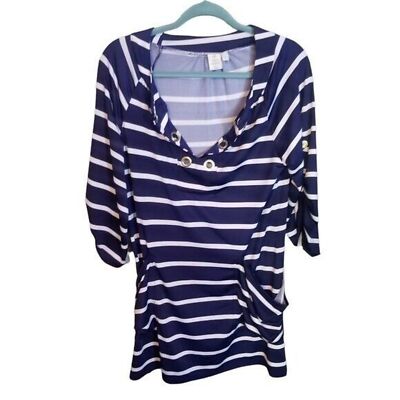 Saint Tropez West Womens Sz S Blue White Striped 3/4 Sleeve Blouse