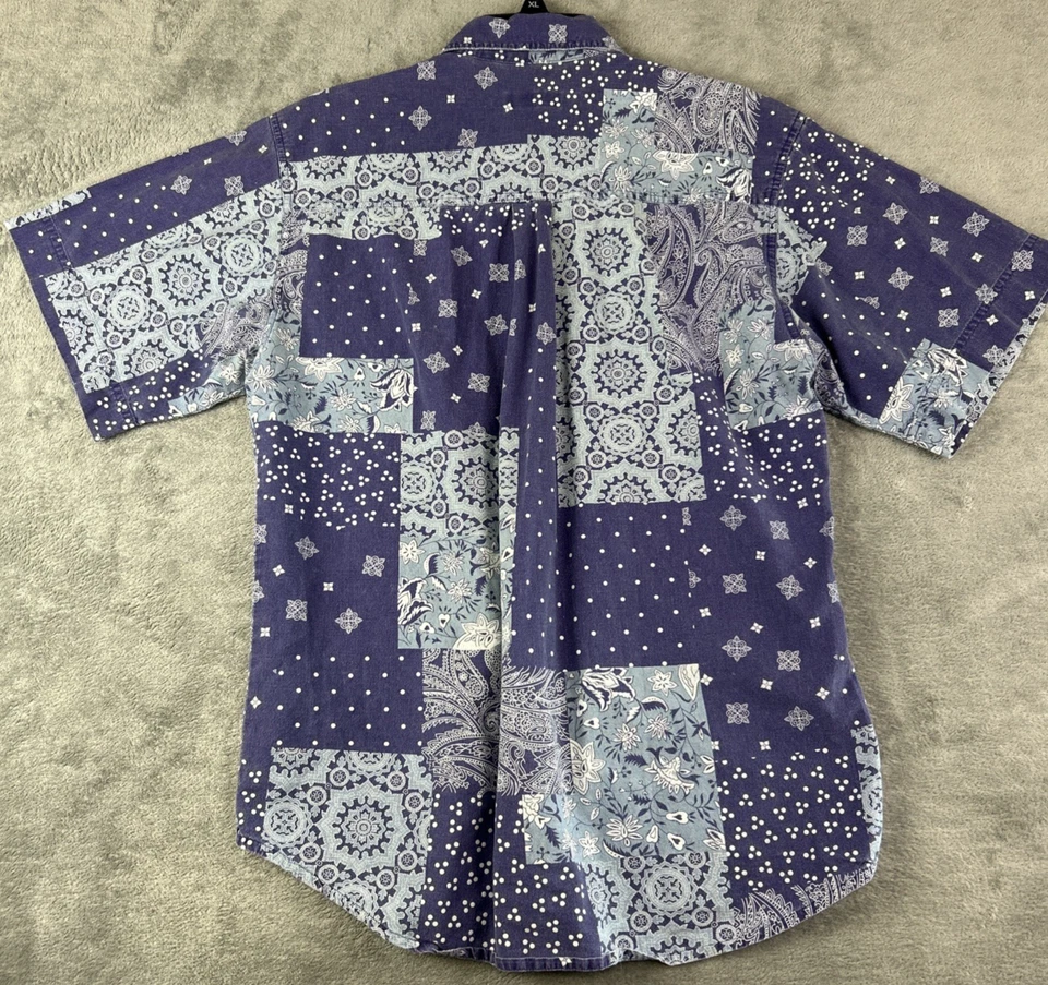 Bugle Boy Co Shirt Medium Vintage 90's Bandana Blue Patchwork Button Up Y2K - Image 3 of 4