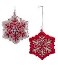 Set of 2 RED WHITE SNOWFLAKE Glass Christmas Ornaments, by Kurt Adler