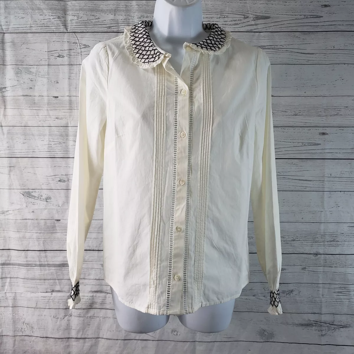 Sezane Womens Chemise Adalie Button Front Shirt Sz 2 Ecru Pintuck Long Sleeve