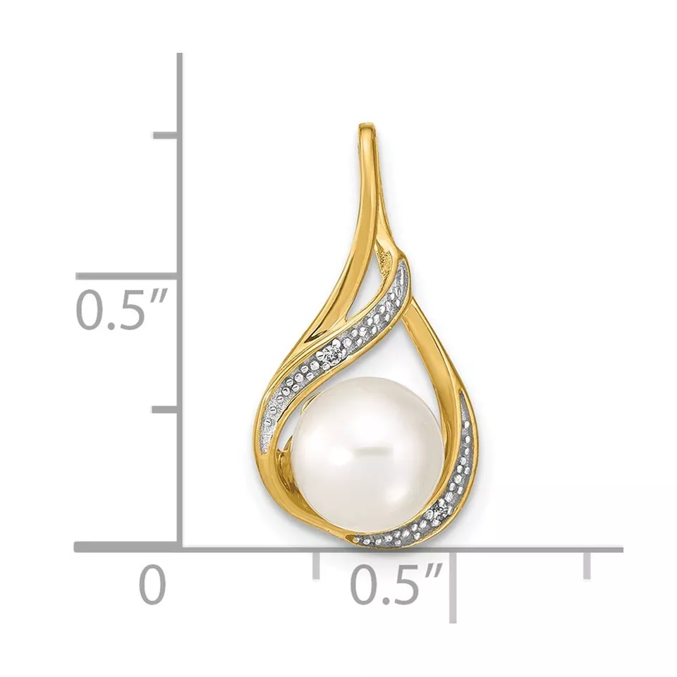 14k Yellow Gold 7-8mm White Round FW Cultured Pearl and Diamond Pendant for Mom - Image 3 of 4