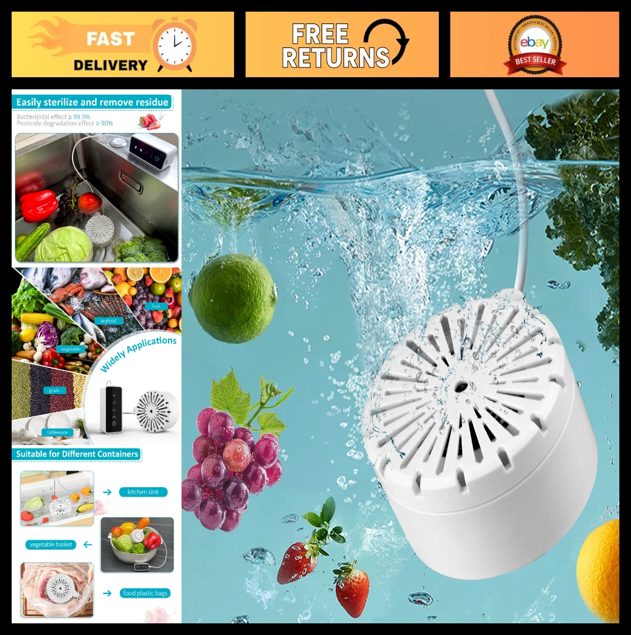 2-in-1 Portable Fruit & Vegetable Washer, OH-ion Purifier for Food & Tableware