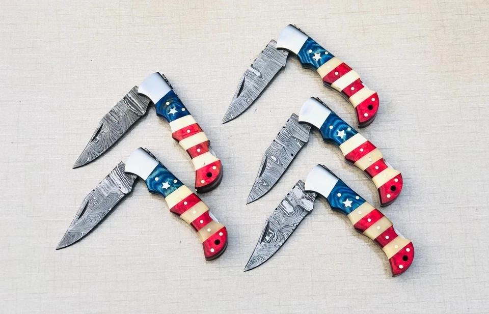 JUEGO DE 20 NAVAJAS DE BOLSILLO, BANDERA AMERICANA Y MANGO CAMELLO B CON FUNDA DE CUERO Foto 4 de 4