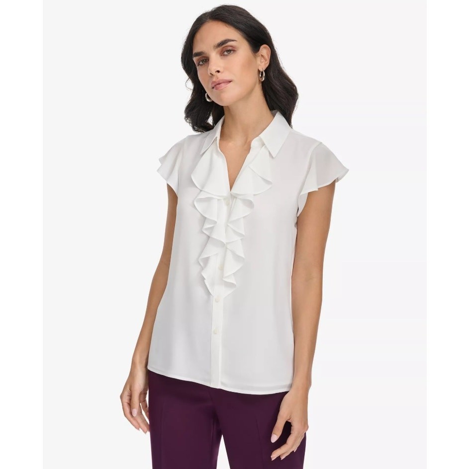 Calvin Klein Women White Crepe Collared Ruffled Short-Sleeve Blouse Size XS