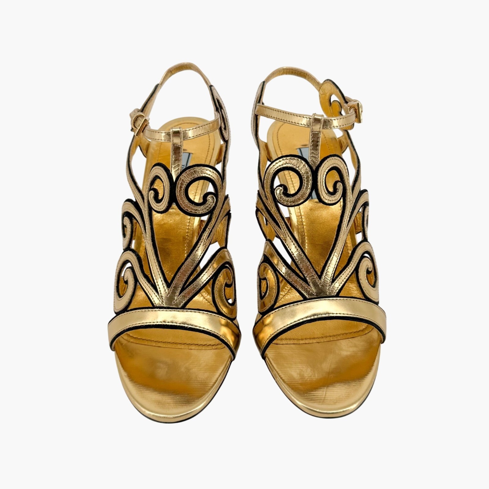 Prada Baroque Gold Caged Sandals Size 37.5 US 7.5 Cutout Metallic Leather Heels thumbnail 2