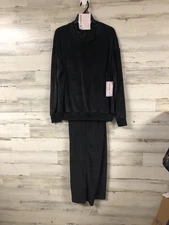 Joyspun Black Velour Ribbed 3 Pc Set W/ Top Pants Hair Scrunchie Sz M 8/10