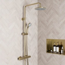 Thermostatic Designer Mixer Shower Dual Head Rainfall Cool Touch Brushed Brass