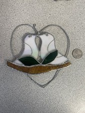 Vintage 6  Heart w/White Love Birds Doves Pair Stained Glass Window Sun Catcher