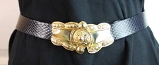 VTG 80s Gold Tone Clasp Buckle Interchangeable Faux Snakeskin Belts Blue Brown S