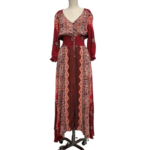 Free People Small Mexicali Rose Maxi Dress Strawberry Mixed Print Boho Romantic - Picture 1 of 17
