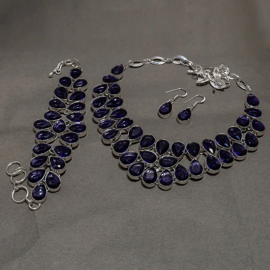Faceted African Amethyst Pear Shape Gemstone Fashion Ethnic Necklace Jewelry Set - Image 4 of 4
