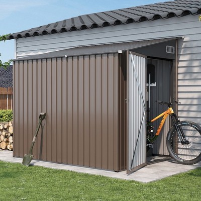 8x6 FT Brown Wall-Mounted Sloped Roof Metal Tool Shed with Single Door