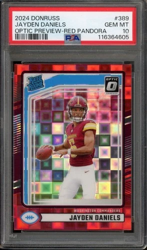 2024 Donruss Optic Preview JAYDEN DANIELS #389 Rated Rookie Red Pandora PSA 10