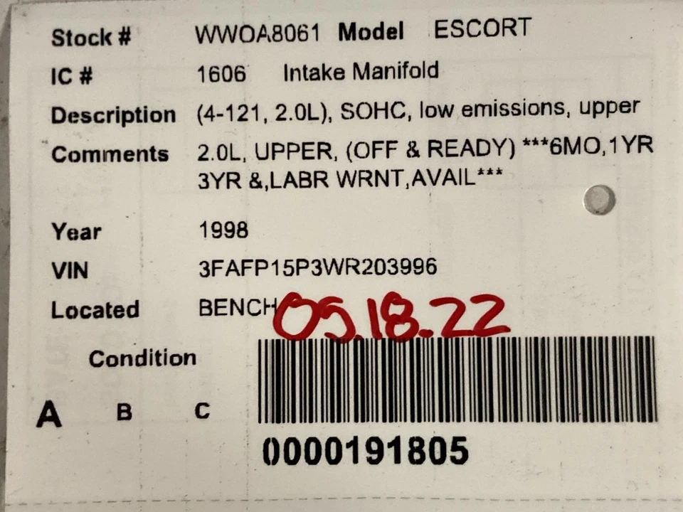 Used Upper Engine Intake Manifold fits: 1998 Ford Escort 4-121 2.0L SOHC Federal Foto 4 de 4