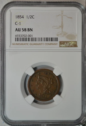 1854 Braided Hair half cent, NGC AU58